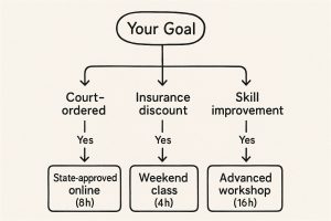 A decision-making guide for handling a Florida traffic ticket and choosing a BDI course online.