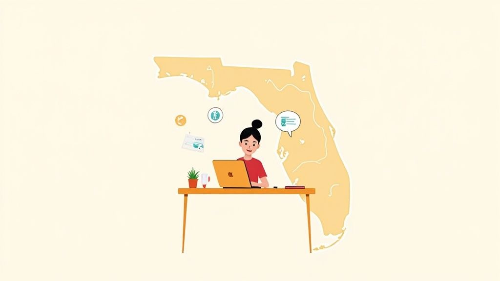 A person smiling while using a laptop, representing the ease of completing BDISchool's 4-hour driving course florida online.