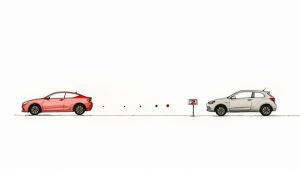 A car driving on a road, illustrating the concept of maintaining a safe following distance.