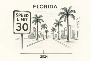 An image of a typical Florida road with speed limit indicator.