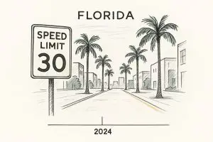 An image of a typical Florida road with speed limit indicator.