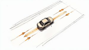 A car strategically positioned in a lane with open space on either side, demonstrating an escape route.