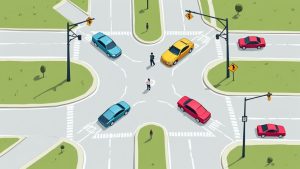A driver applying defensive driving techniques by cautiously approaching an intersection with stop signs.