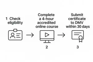 An infographic showing the steps: 1. Get Ticket, 2. Elect Traffic School, 3. Take BDI Course, 4. Submit Certificate. Highlights the ease of a course to remove points from license.