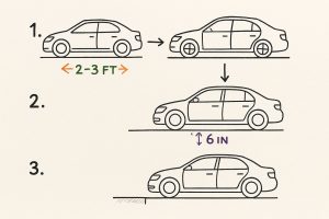 A diagram of vehicle positioning for parallel parking perfectly.