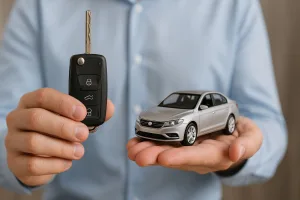 A person holding a car key and a small model car, symbolizing control over their vehicle and insurance costs.