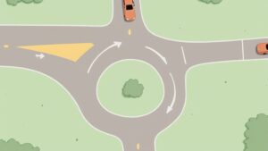Modern single-lane roundabout on a sunny day with clear traffic markings and landscaping