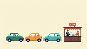 A driver's perspective stopping at a four-way stop intersection.