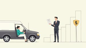 A driver looking stressed while checking their insurance bill on a laptop.