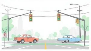 A car's view of an intersection with green traffic lights, highlighting the driver's perspective.