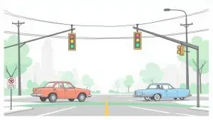 A car's view of an intersection with green traffic lights, highlighting the driver's perspective.