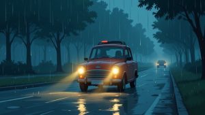 A car driving in the rain with its headlights on, illuminating the wet road and increasing its visibility to other drivers.