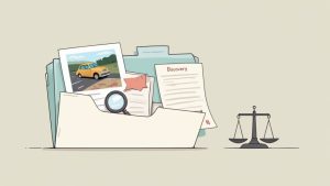 A person organizing documents and evidence at a desk for a court case