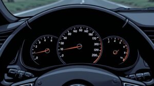 A driver's hands on a steering wheel, focusing on the road ahead with the speedometer visible.