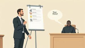 A person standing confidently in front of a judge's bench in a courtroom