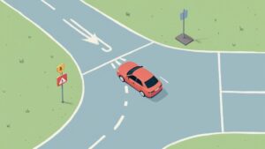 Driver's perspective showing the yield line at a roundabout with cars circulating inside