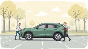 A person cautiously checking their car in a parking lot.