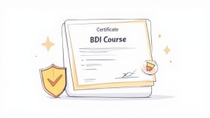 A driver holding a certificate of completion for a BDI course, looking relieved.
