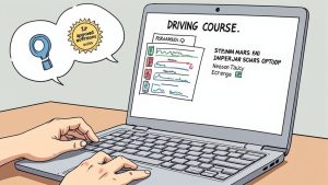A person uses a laptop to research and enroll in an online defensive driving course.