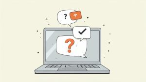 A person looking thoughtfully at a laptop screen with a question mark icon, representing common questions about online traffic school.