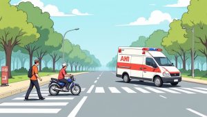 An emergency vehicle with lights flashing navigates through traffic at an intersection.