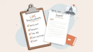 A person using a laptop to enroll in an online course, with a checklist overlay.