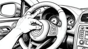A driver using a smartphone with a navigation app displayed, mounted on the car's dashboard.