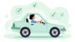 A car driving safely down a scenic road, symbolizing a clear driving record.
