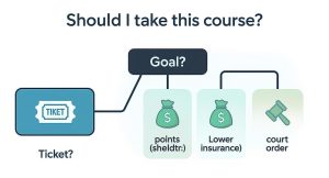Infographic decision tree about taking a Spanish driving course in Florida to avoid points, lower insurance, or satisfy a court order.