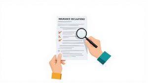 A person reviewing their car insurance policy documents with a calculator and car keys on a wooden table.