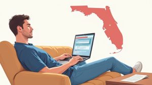 Man using laptop to access online traffic school course with Florida state map displayed