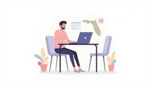 Man working on laptop studying Florida defensive driving course online at home desk