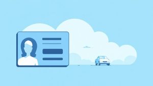 Illustration of driver's license identification card next to a parked car with clouds background