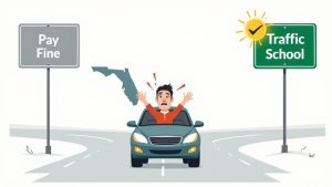 A driver looking at their options on a laptop after receiving a traffic ticket.