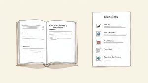 A person studying the Florida driver's handbook with a pen and glasses nearby