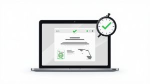 A smiling woman using a laptop to take an online driving course, with a graphic of a car and a checkmark overlayed.