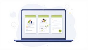 A person comparing insurance quotes on a laptop and phone, with charts and graphs in the background.