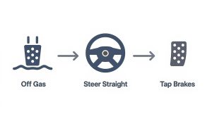 Infographic showing the three steps to recover from hydroplaning: take your foot off the gas, steer straight, and gently tap the brakes.