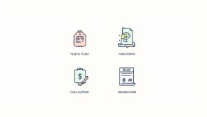 Four line-art icons representing a traffic ticket, fines and points, child support, and an SR-22 insurance form.