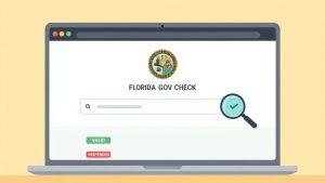 Laptop screen displaying the Florida Gov Check website for verifying status, with a search bar and valid/suspended indicators.