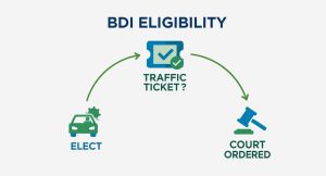 An infographic decision tree showing the two paths for taking a BDI course in Florida: either by electing to do so voluntarily or by being ordered by a court.