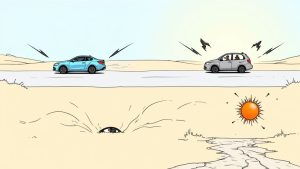 A car driving on a desert road with mountains in the background, representing extreme heat and potential dust storm conditions.