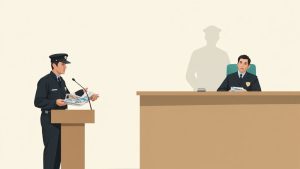 Police officer presenting evidence to judge in courtroom during traffic ticket hearing