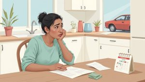 Woman reviewing documents and calendar at kitchen table looking worried about suspended license