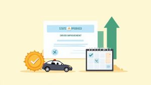 Illustration of state-approved driver improvement, showing a certificate, police car, calendar, and progress.