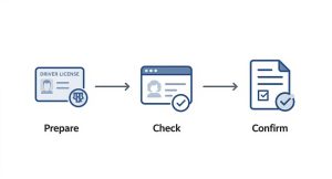 A three-step process: Prepare a driver's license, Check details digitally, and Confirm documentation.