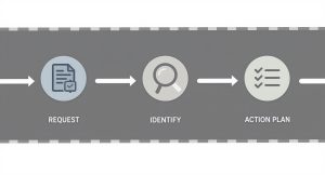 A three-step process flow diagram illustrating 'Request', 'Identify', and 'Action Plan' steps.