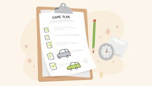 A car's dashboard with keys in the ignition, ready for a driving test