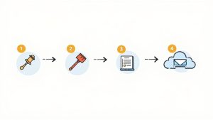 A person at a desk with a laptop, a traffic ticket, and a pen, looking determined to complete the process.