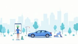 A driver's hands on a steering wheel with a smartphone mounted on the dashboard showing a driving score app.